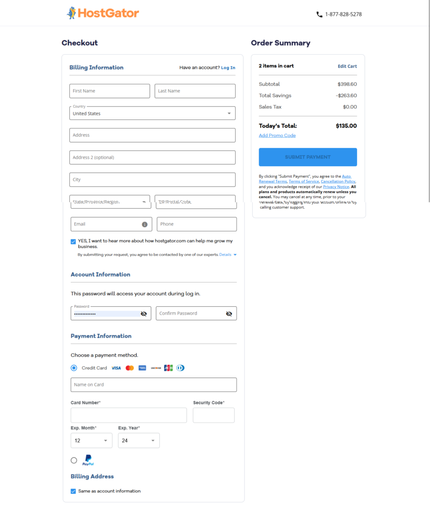 HostGator billing page during check out